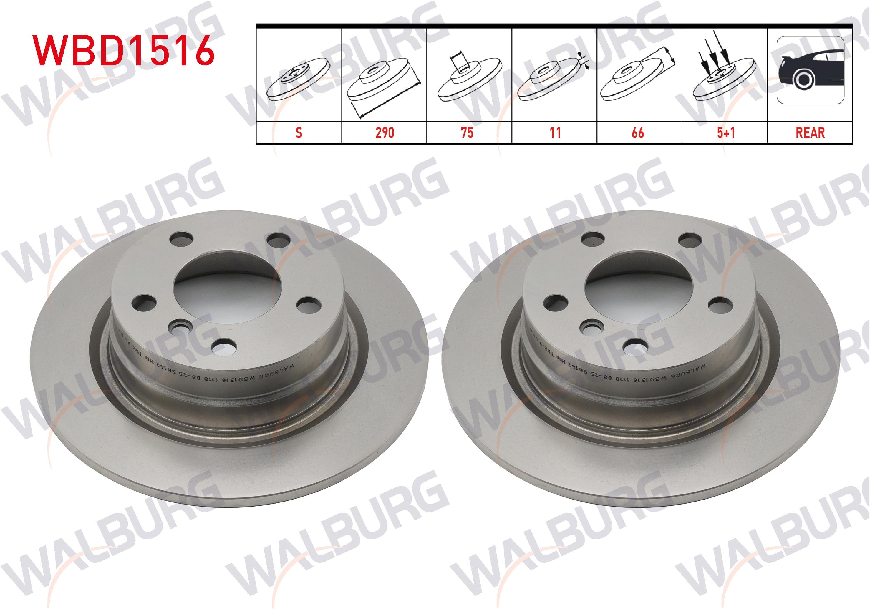 WALBURG WBD1516 | Fren Diski Arka Düz BMW 1 Serisi (F20,F21) 116 D 5 Bjn 290X11x75x66 2010-| 2 Adet